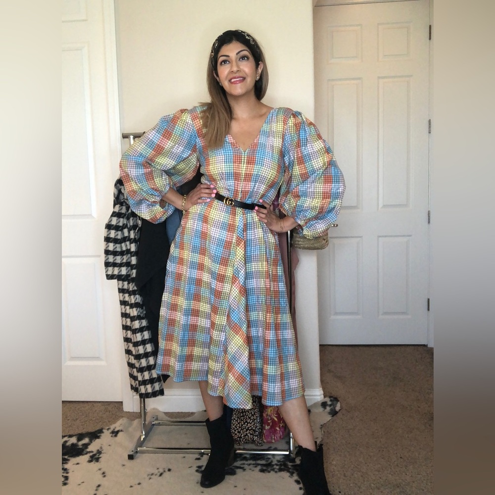 Ganni plaid balloon midi dress
